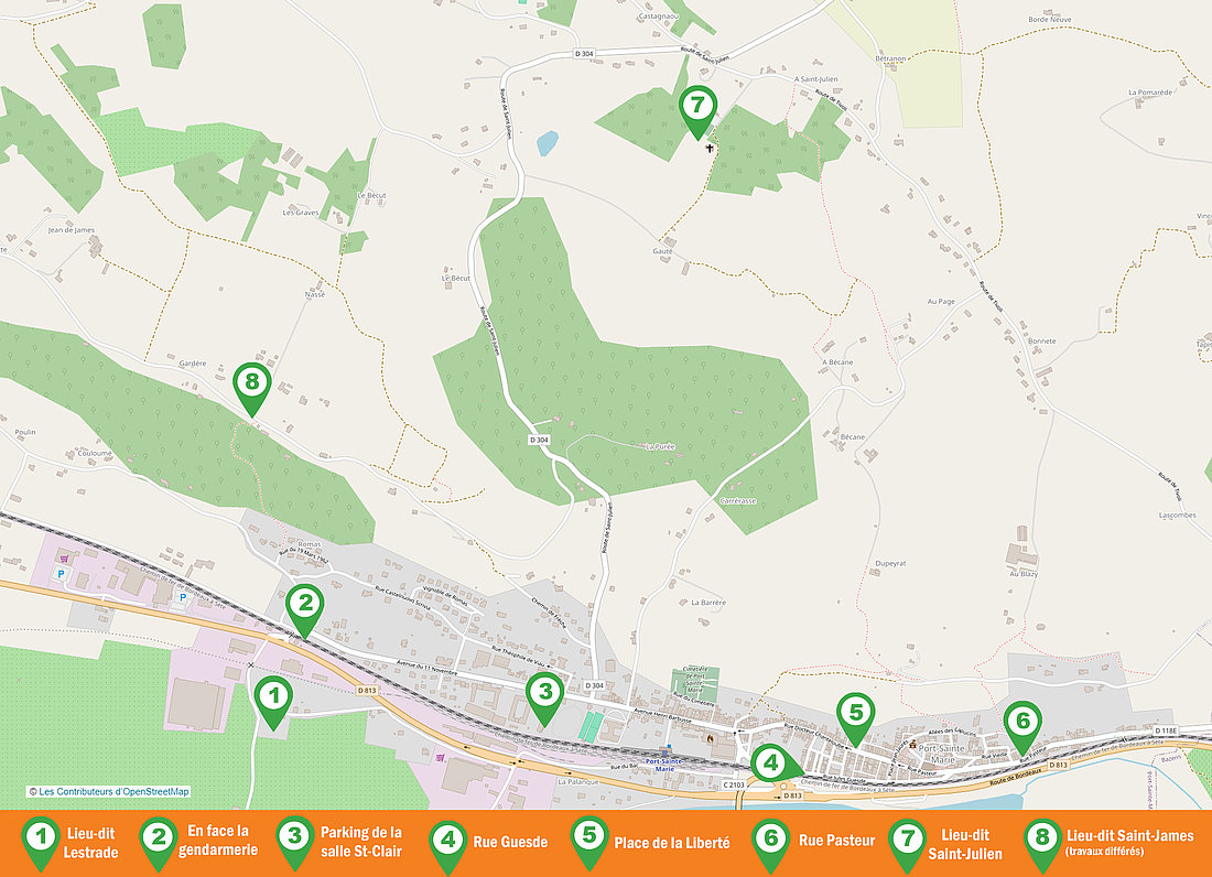 Emplacements des points de collecte 1. Lieu-dit Lestrade 2. En face la gendarmerie 3. Parking de la Salle St-Clair 4. Rue Guesde 5-Place de la Liberté 6. Rue Pasteur 7.  Lieu-dit Saint Julien et 8. Lieu dit Saint James (travaux différés)